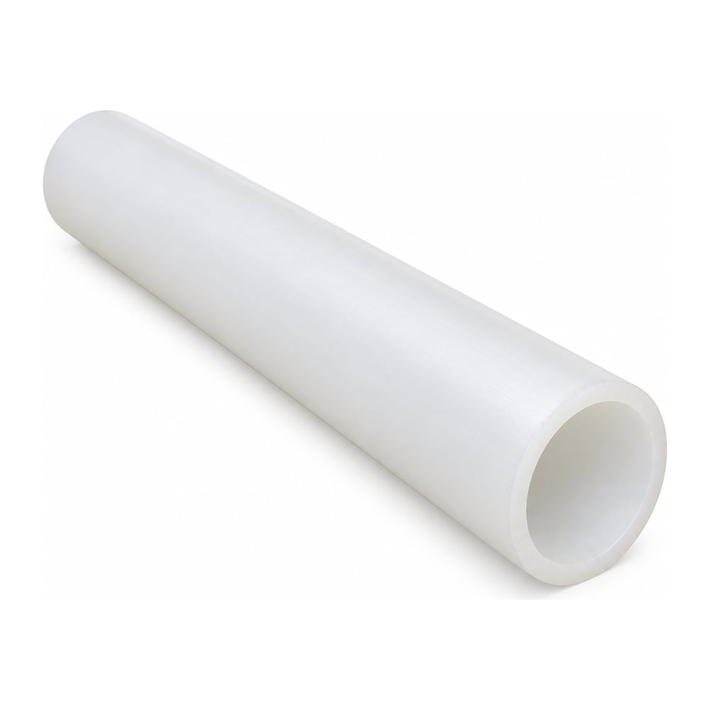 Natural white HDPE plastic round tube with matte extruded finish and cut open end on white background