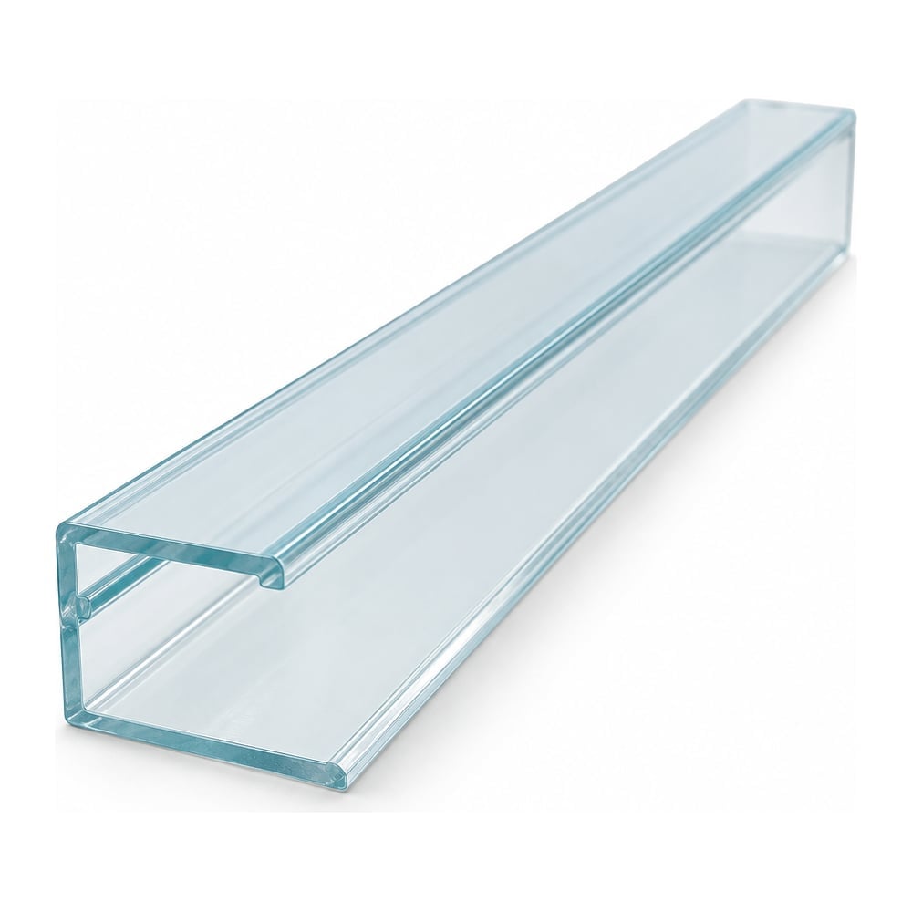 Clear polycarbonate U-channel edge profile, short cut length, glossy transparent, on white background