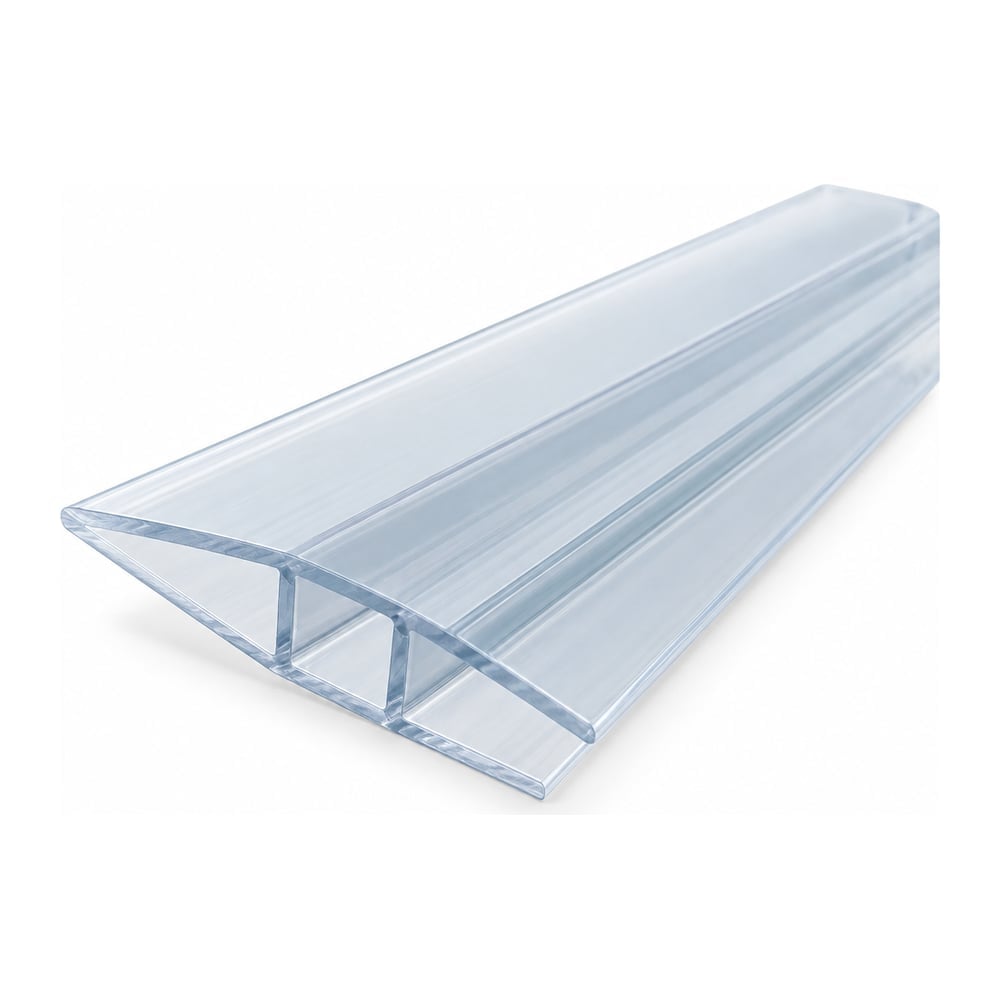 Clear polycarbonate H profile connector, short cut length showing glossy H-shaped cross section, on white