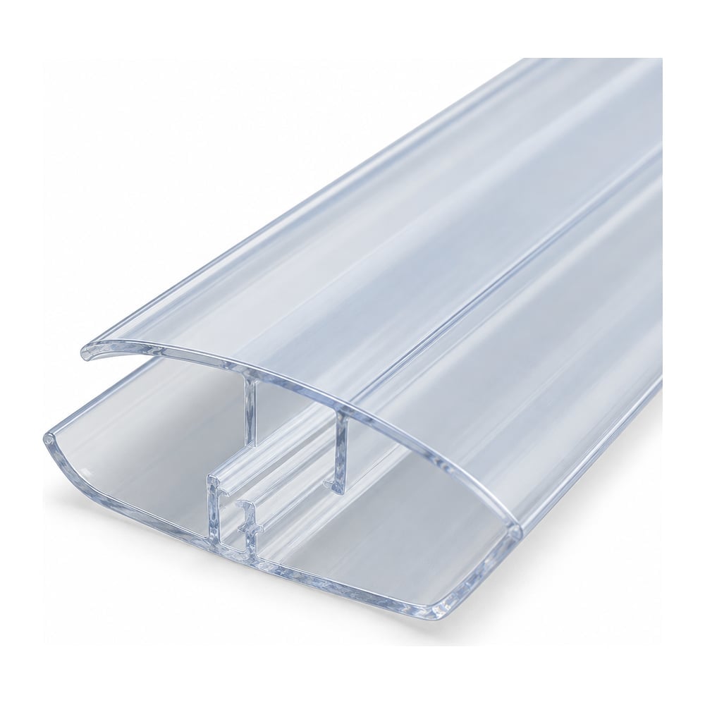 Clear polycarbonate two-piece snap H connector profile, short cut length, on white background