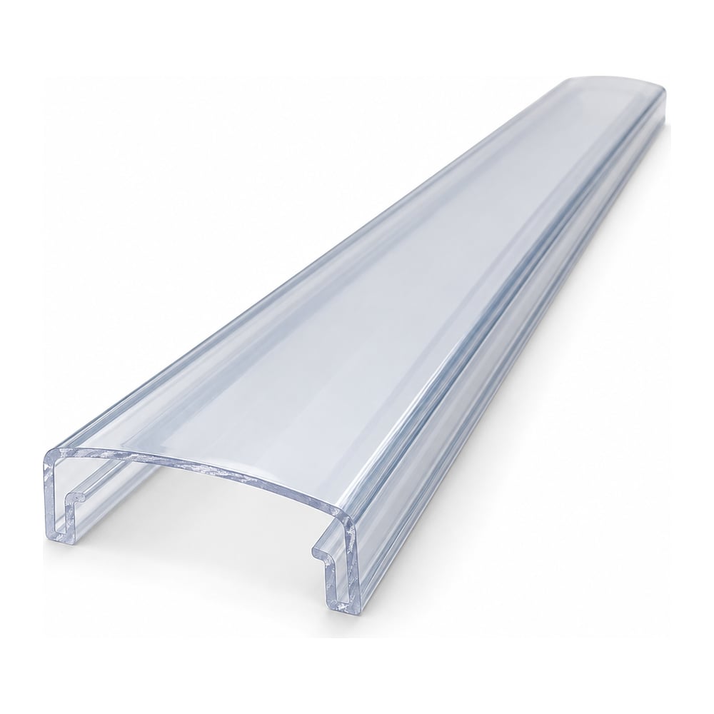 Clear translucent polycarbonate snap-on block cover extrusion with C-shaped channel, cut length, white background