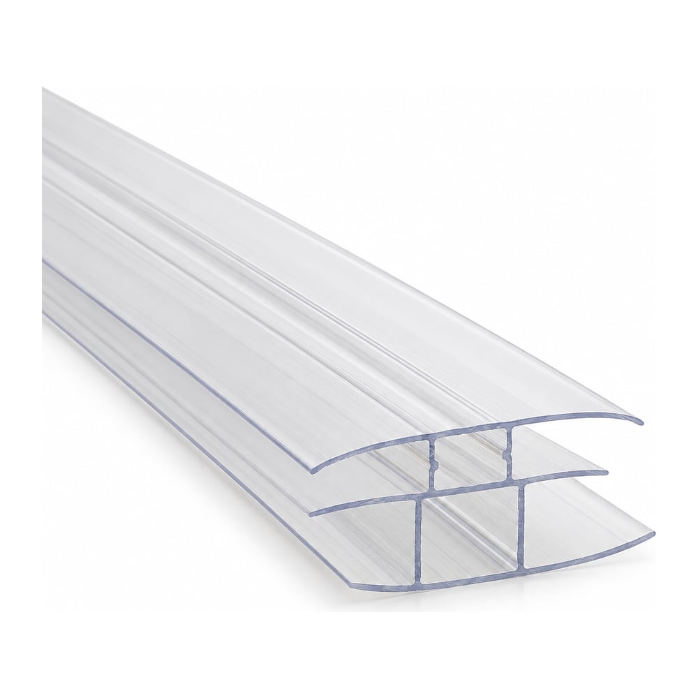 Clear polycarbonate multiwall panel connector profile with H-shaped cross section on white background