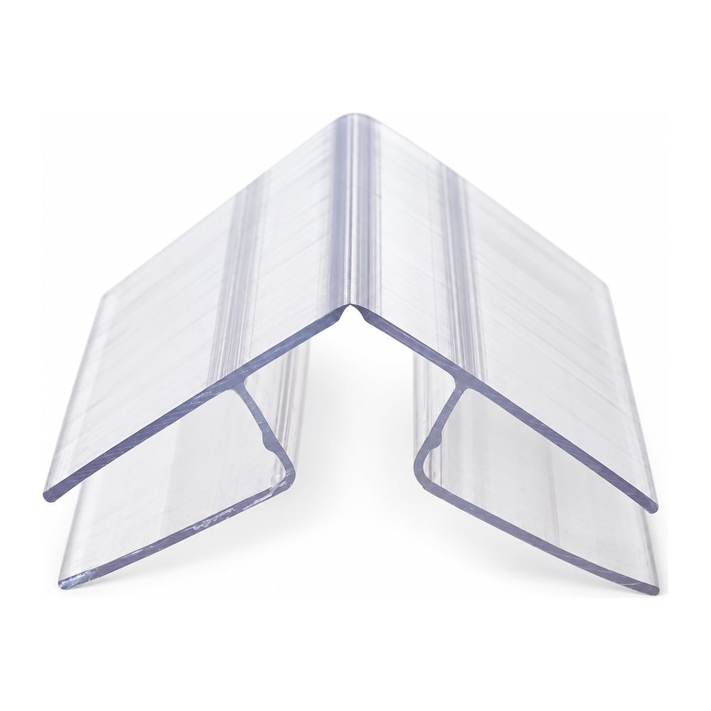 Clear polycarbonate R corner profile with two slotted legs and rounded corner, on white background