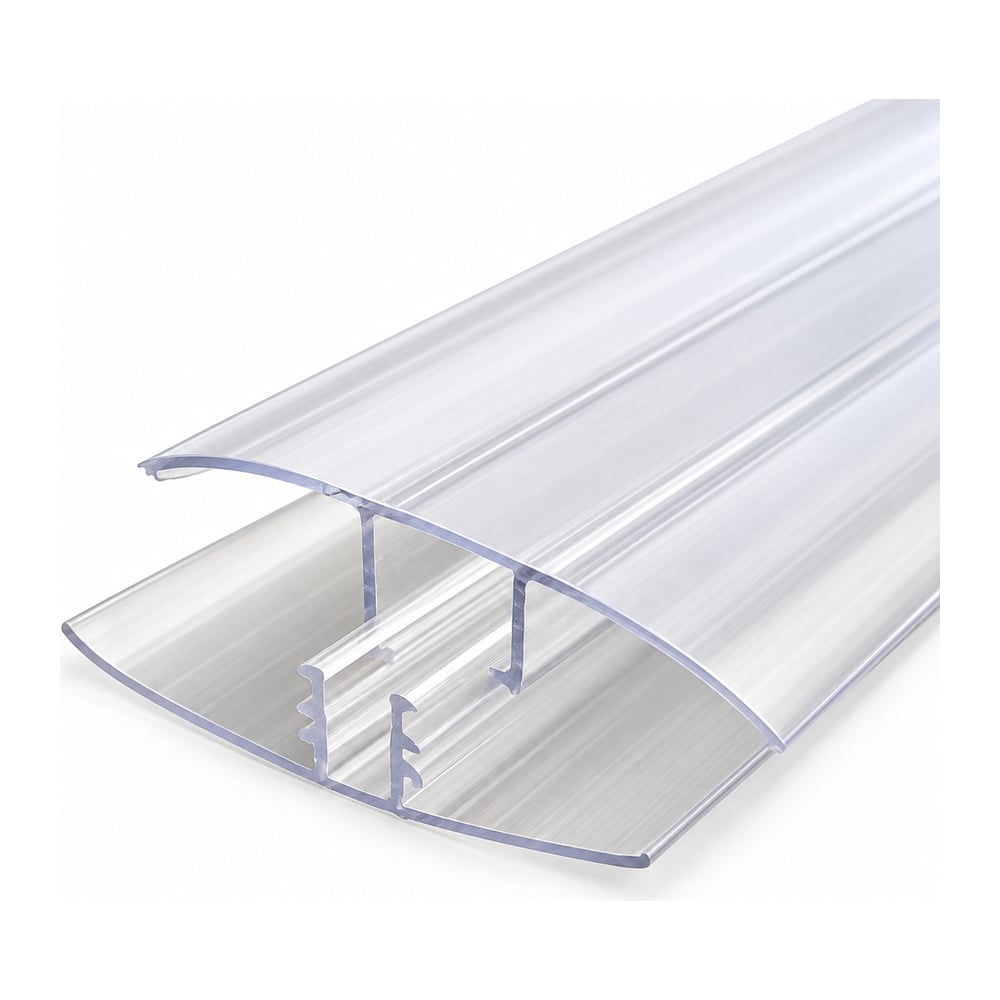 Clear polycarbonate two-part Snap-H connector with base rail and snap-on cap on white background