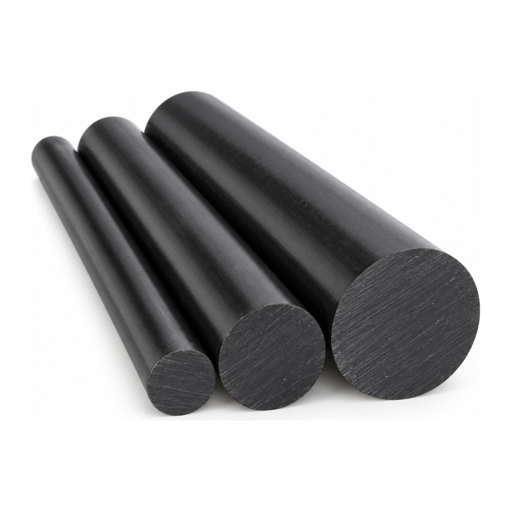 Black glass-filled polycarbonate round rods in three diameters with cut ends, on white background