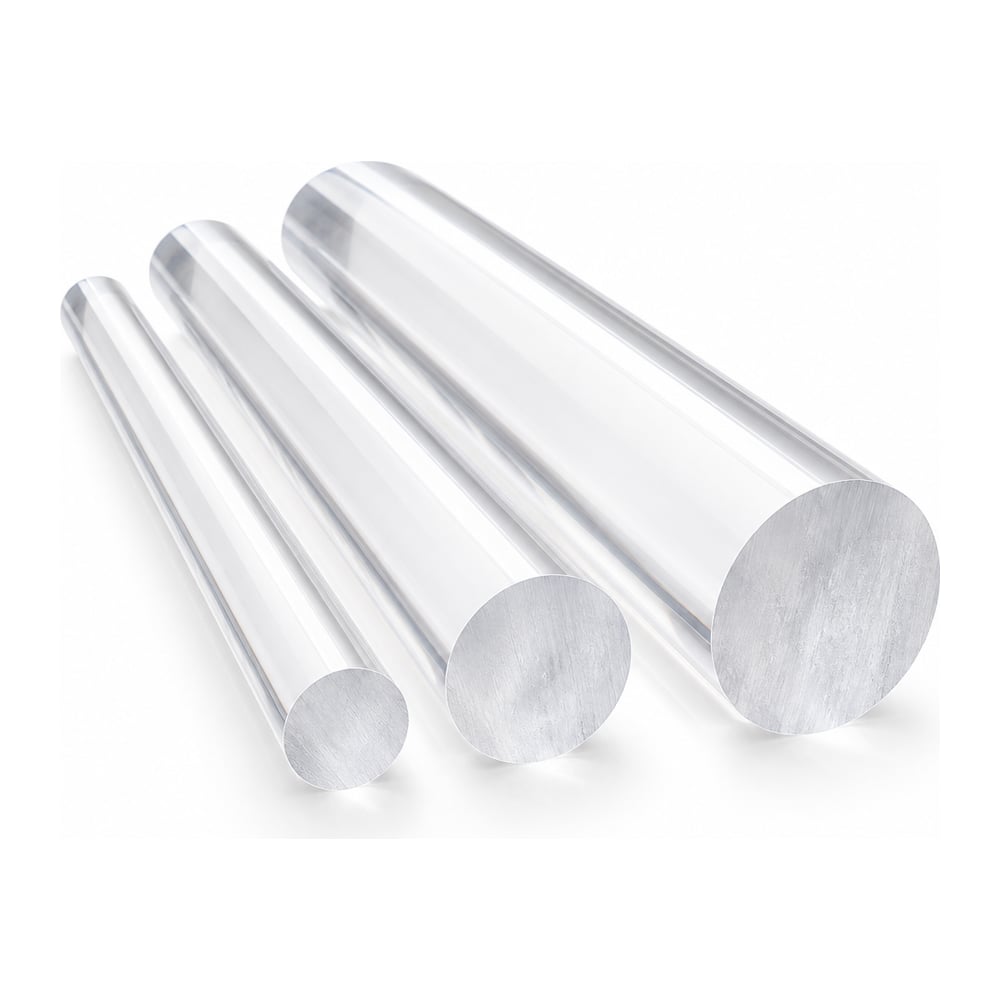 Clear natural polycarbonate round rods in three diameters with glossy surfaces on white background