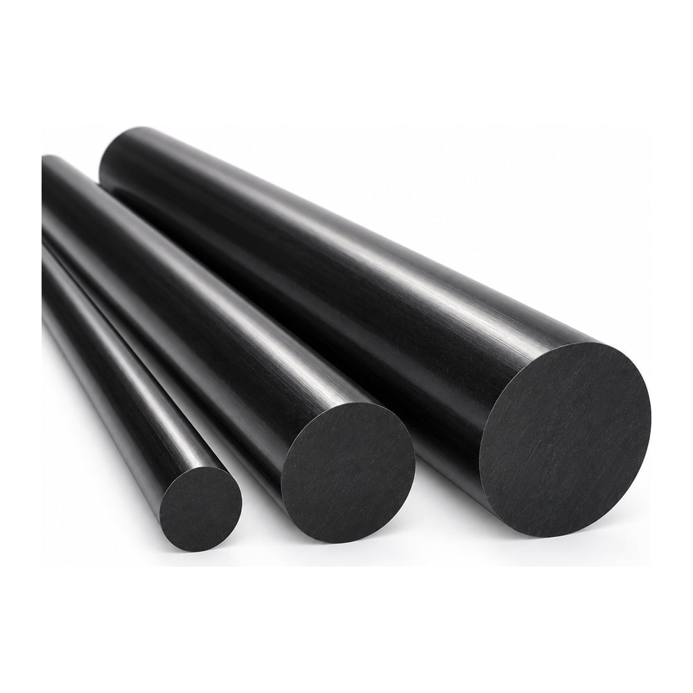 Black polycarbonate round rods in three diameters with cut ends facing forward on white background