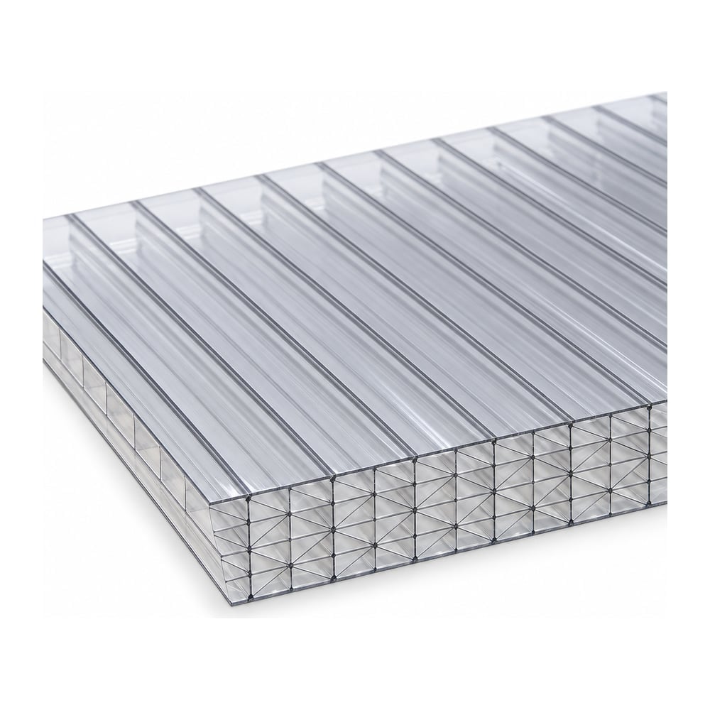 Translucent eleven-wall multiwall polycarbonate sheet angled to show triangular X-braced cell edge
