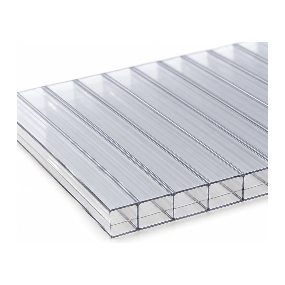 Clear twin-wall polycarbonate multiwall sheet angled to show vertical ribs and open rectangular cells
