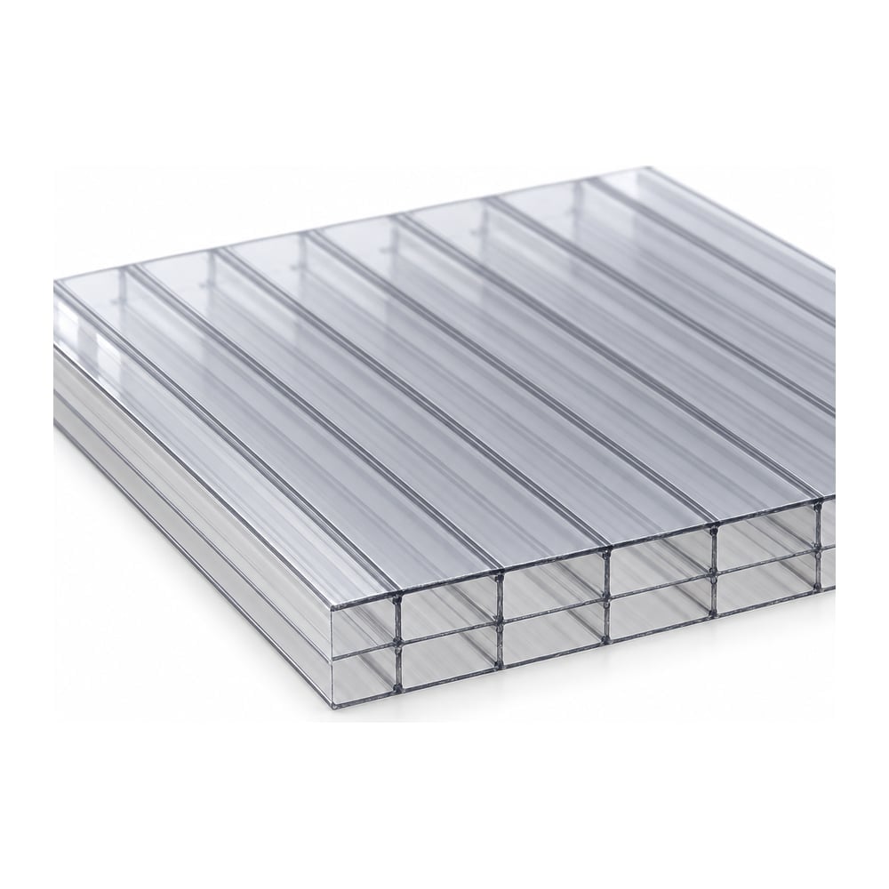 Translucent triple-wall polycarbonate sheet angled to show two rows of rectangular cells at cut edge