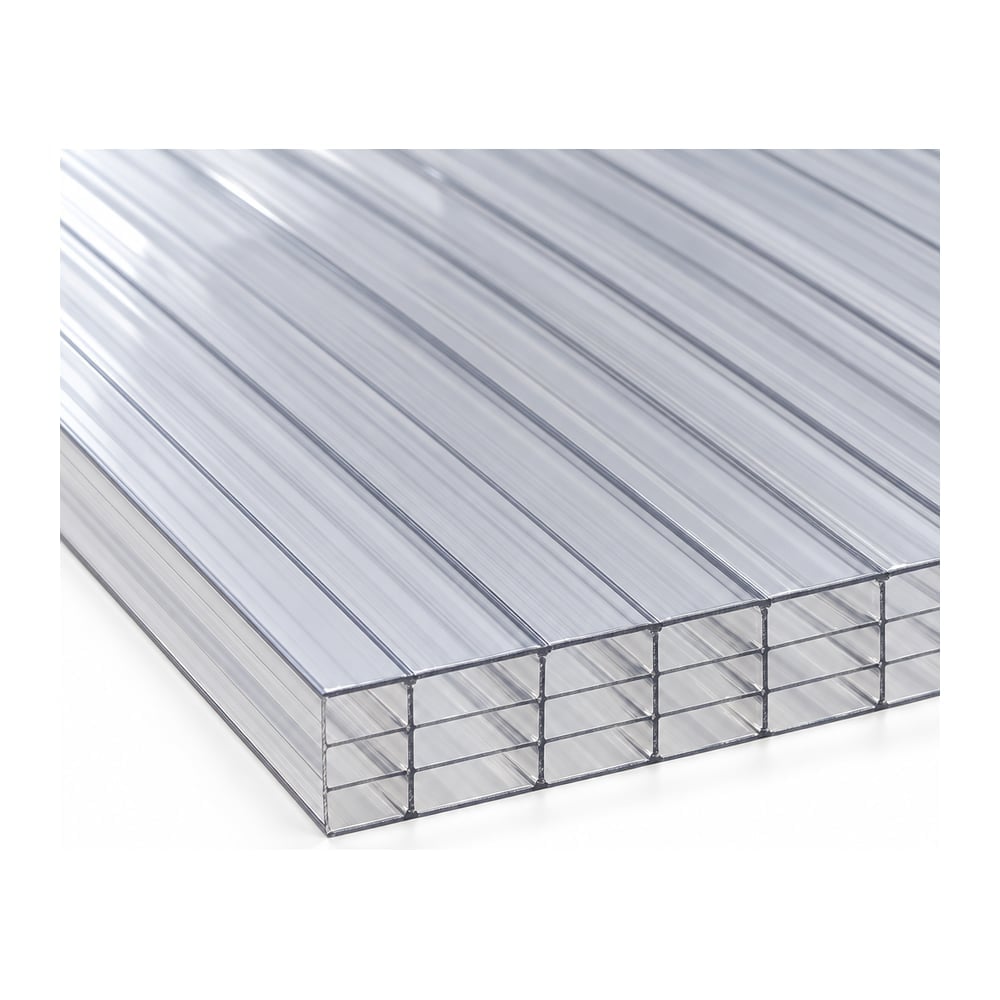 Translucent six-wall polycarbonate multiwall sheet angled to show five rows of rectangular cells