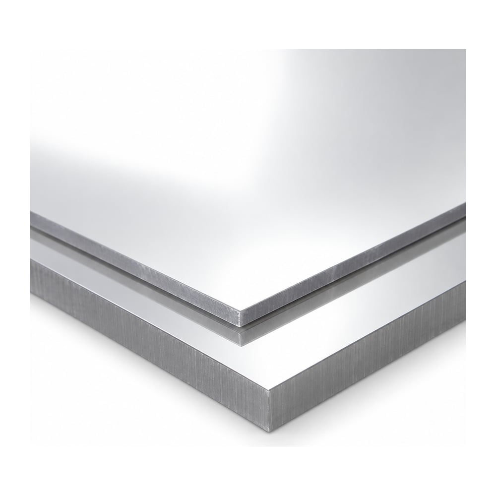 Mirrored polycarbonate sheets in two thicknesses stacked at an angle on a white background