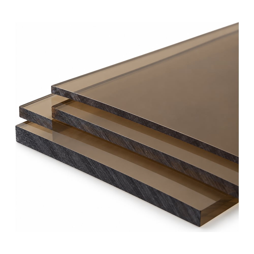 Bronze tinted static dissipative polycarbonate sheets stacked in three thicknesses on white background