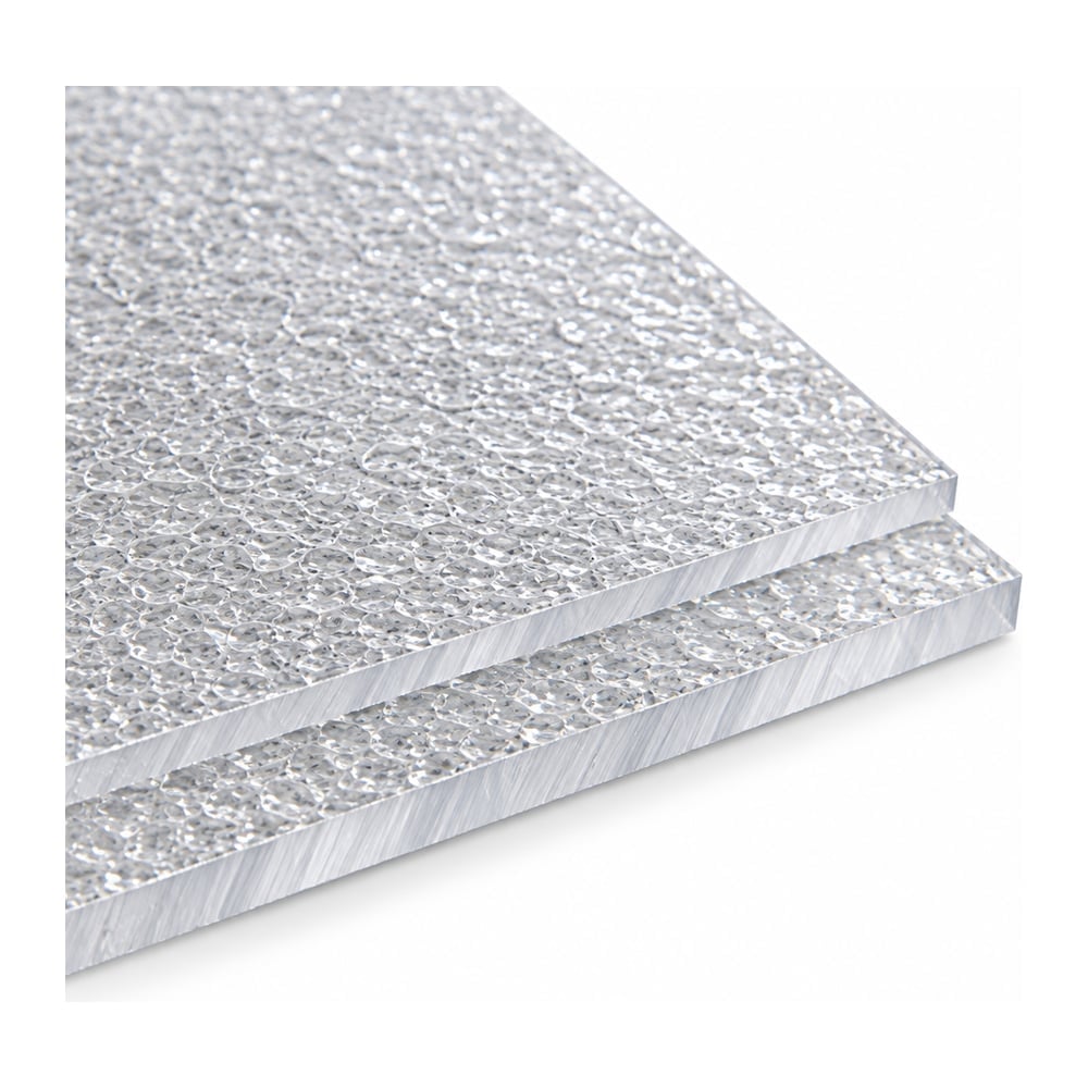 Clear pebble textured polycarbonate sheets stacked in two thicknesses on a white background