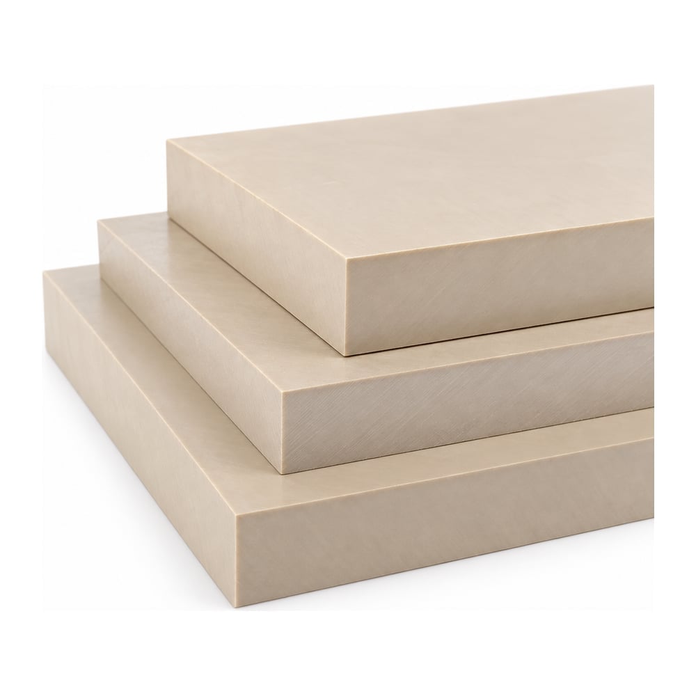 Natural beige PEEK plastic plates stacked in three thicknesses with edges visible on white background