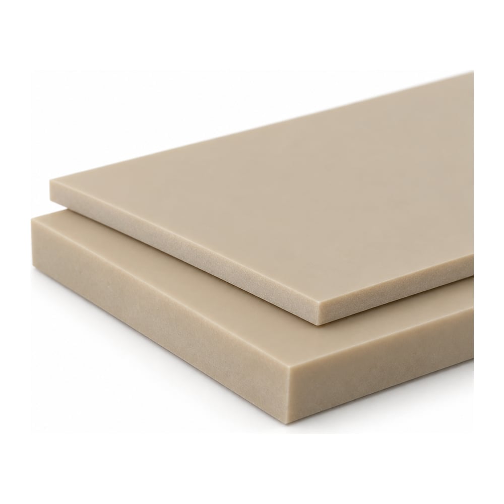 Natural tan PEEK static dissipative plastic plates in two thicknesses stacked on white background