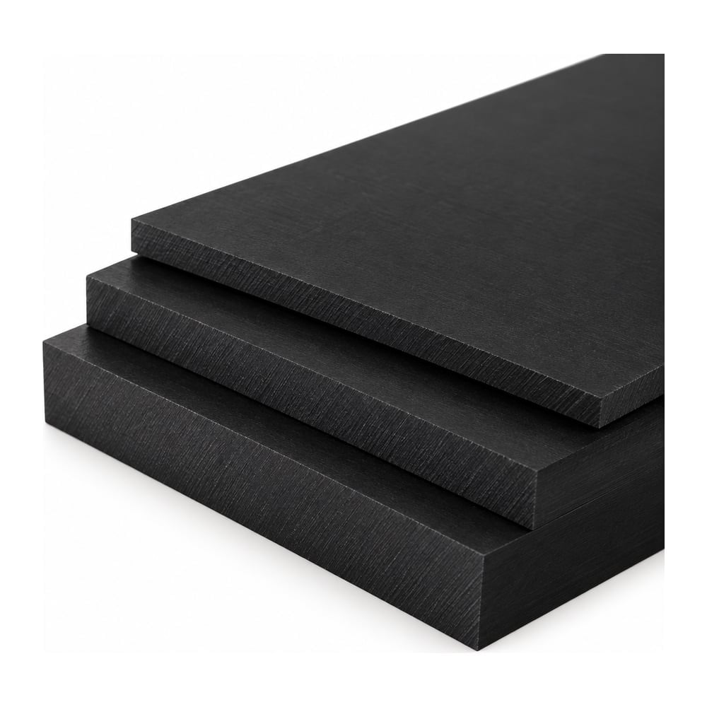 Black PEEK plastic plate stock stacked in three thicknesses with cut edges visible on white background