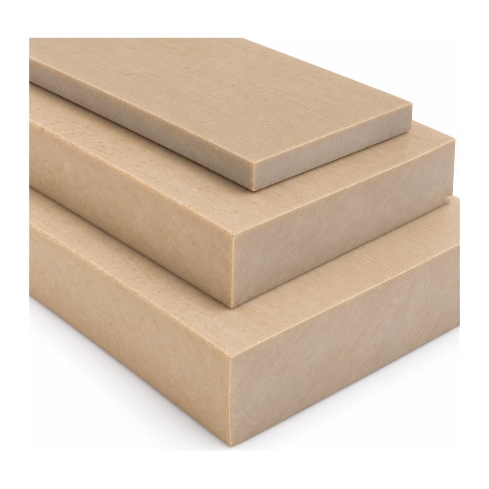 Natural tan glass-filled PEEK plastic plates stacked in three thicknesses on a white background