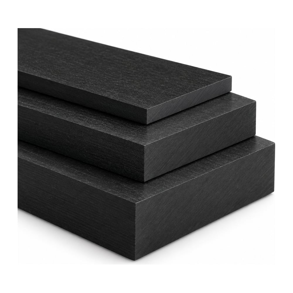 Black carbon-filled PEEK plastic plates stacked in three thicknesses with visible cut edges