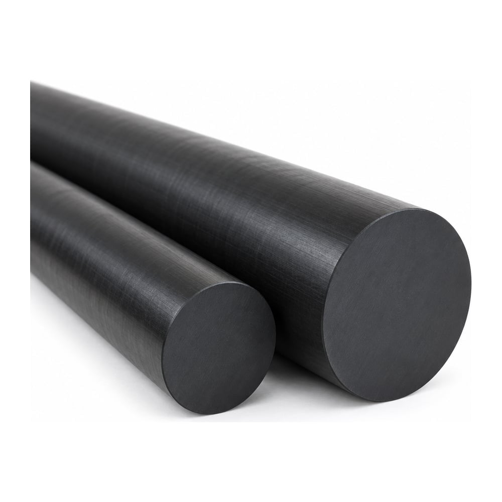 Black PEEK plastic round rods in two diameters with cut ends facing forward on white background