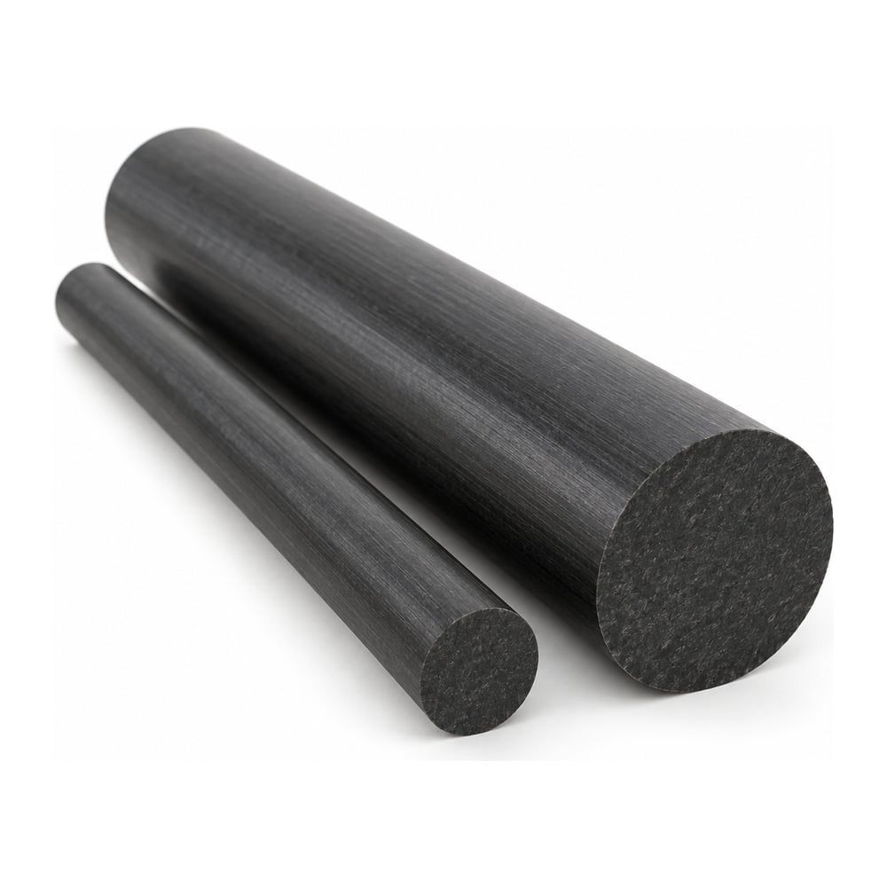 Carbon-filled PEEK round rods in two diameters, black semi-matte finish, on white background
