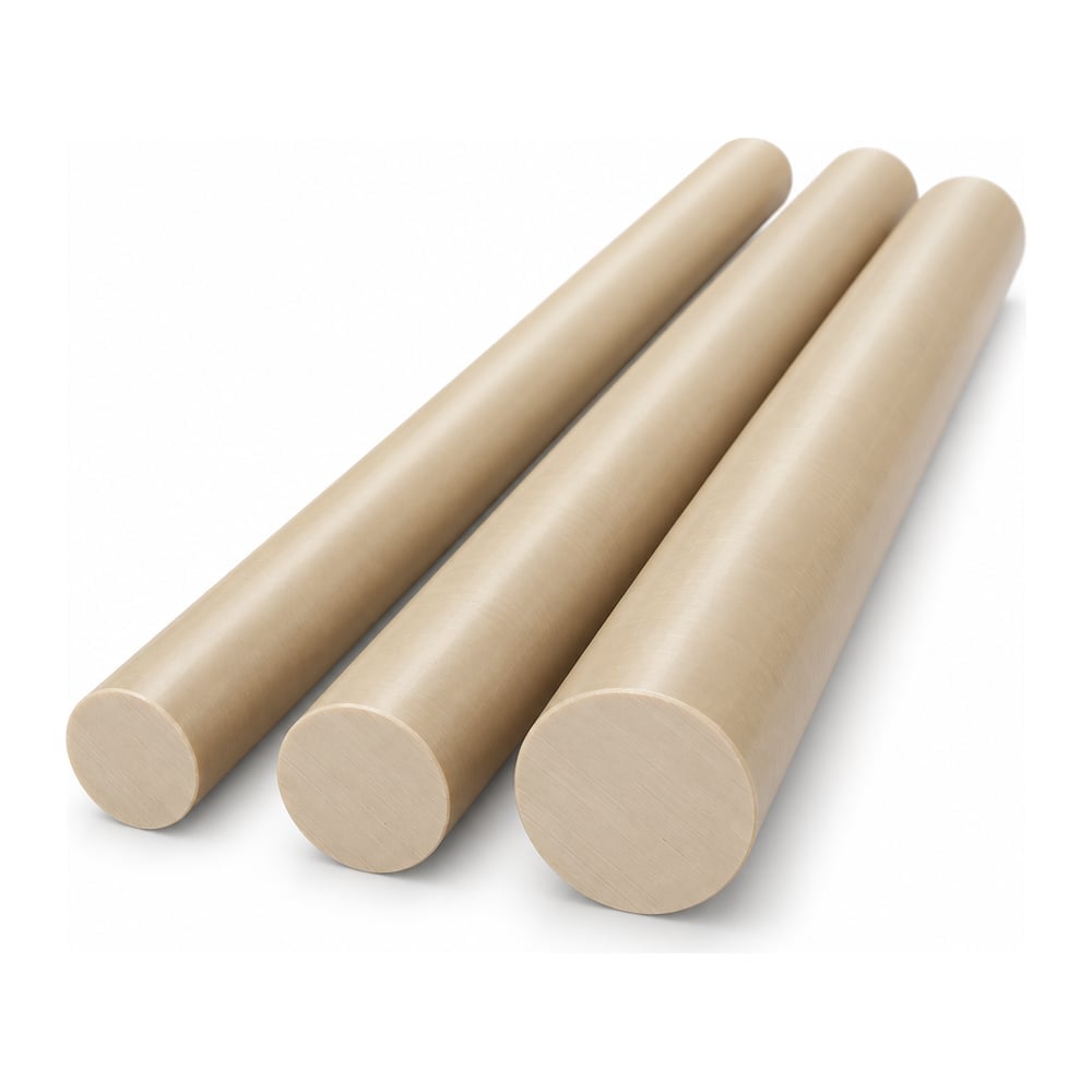 Natural tan PEEK round rods in three diameters, satin finish with cut ends, on white background