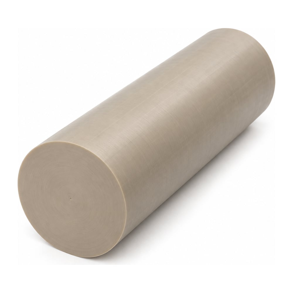 Natural tan PEEK plastic round rod with matte machined finish on white background