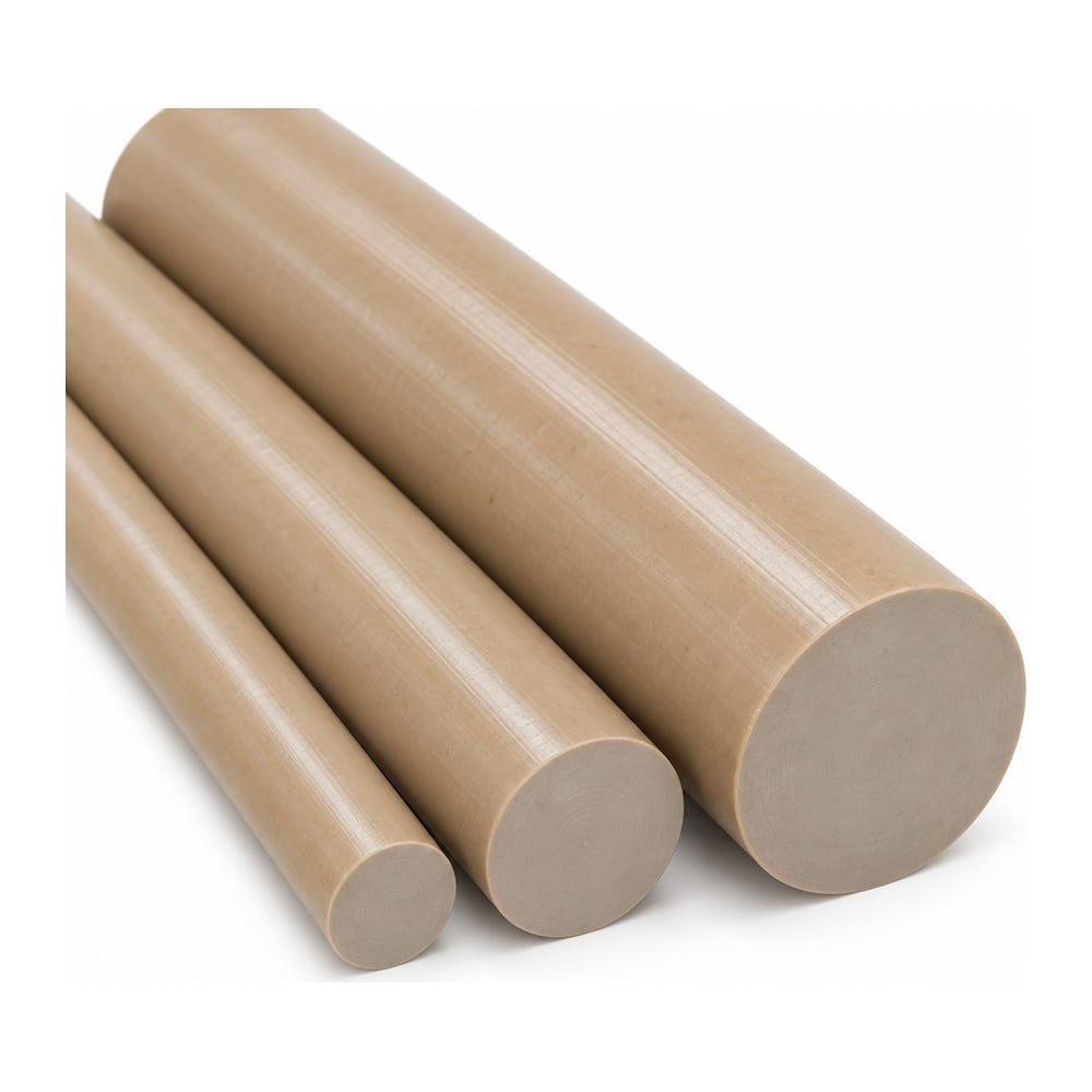 Tan glass-filled PEEK plastic round rods in three diameters with cut ends on white background