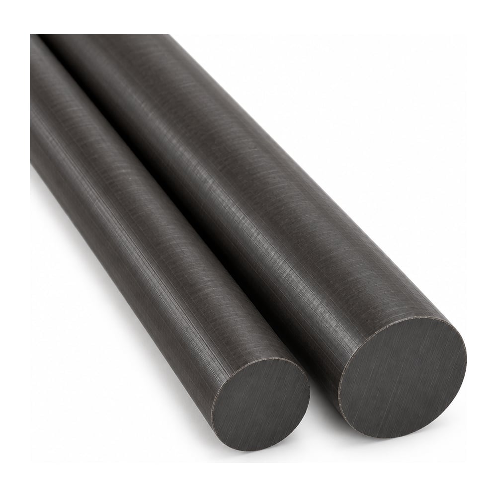 Black carbon-filled PEEK bearing grade round rods in two diameters on white background