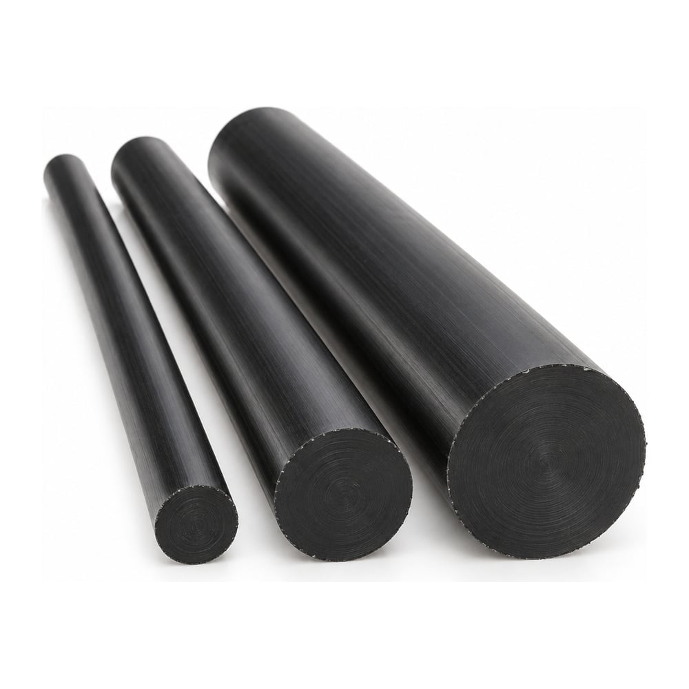 Black PEEK plastic round rods in three diameters with cut ends facing forward on white background