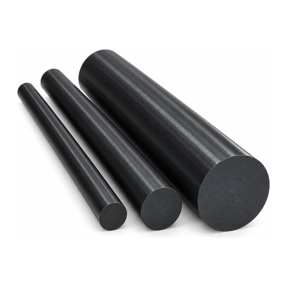 Black glass-filled PEEK plastic round rods in three diameters standing side by side on white background