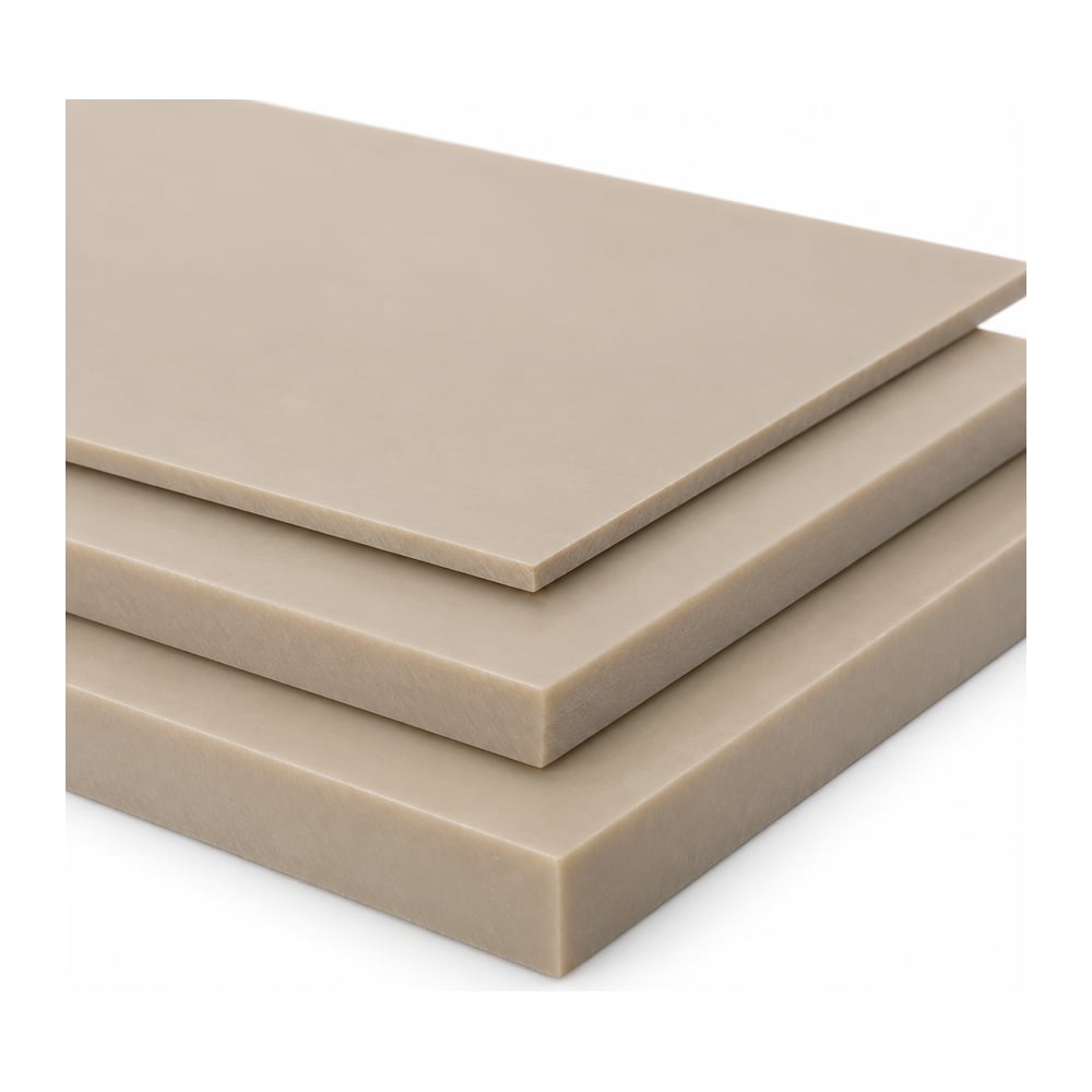 Natural tan PEEK plastic sheets stacked in three thicknesses showing cut edges on white background