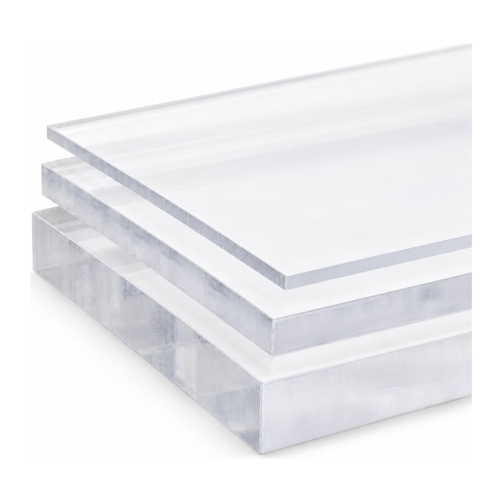 Clear polycarbonate sheets with blue protective masking stacked in three thicknesses on white background