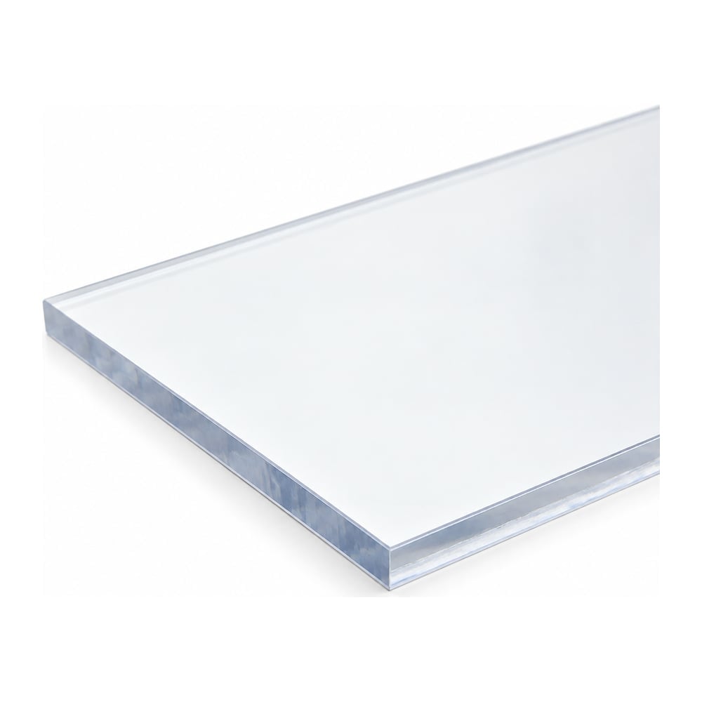 Clear polycarbonate sheet with UV protective face and protective masking peeled at one corner, on white