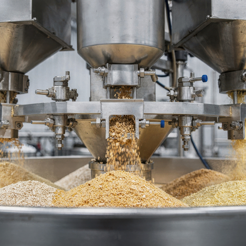 Granular material falling from a stainless weigh hopper into a collection pan during batching