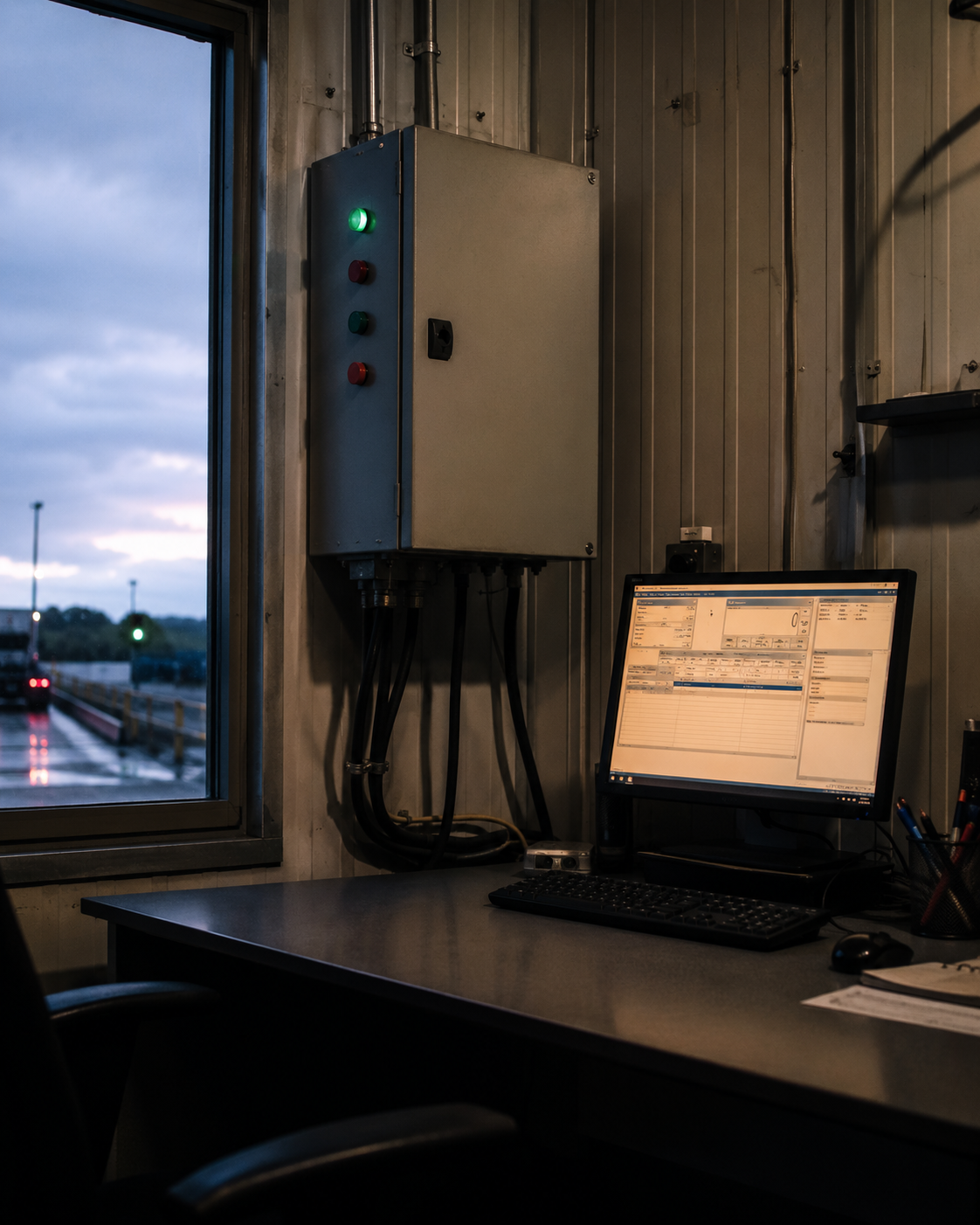 Inside a scale house: a wall-mounted control cabinet with cables, and a PC running weighing software by the window