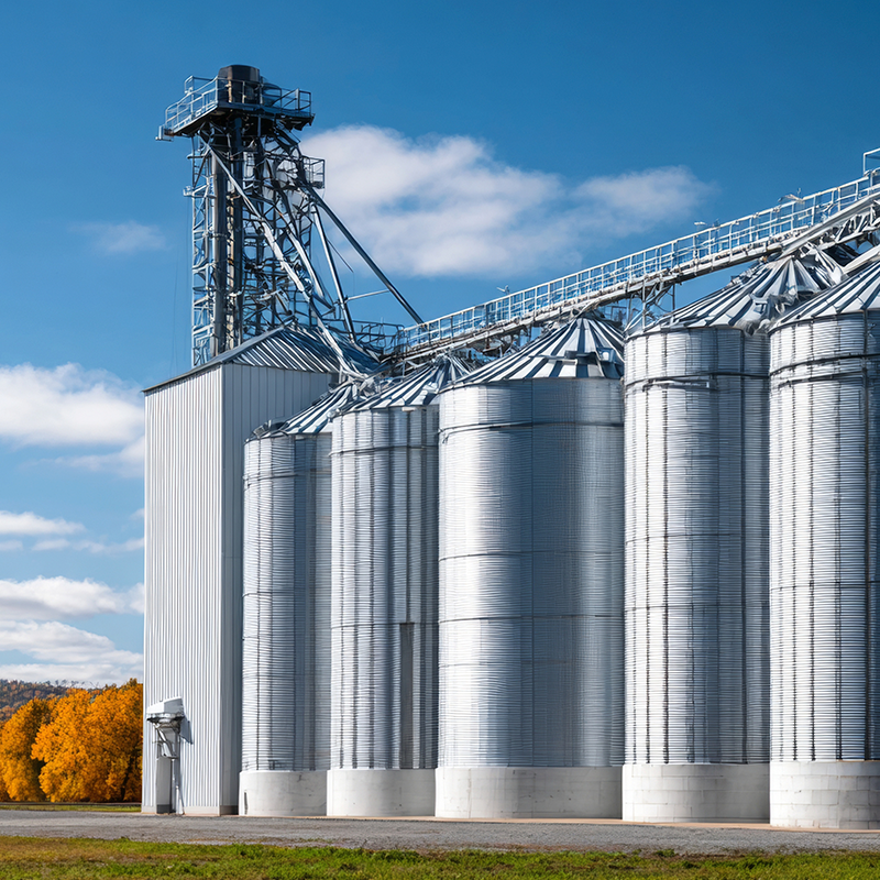 A row of tall corrugated steel silos with a conveyor gallery along the top