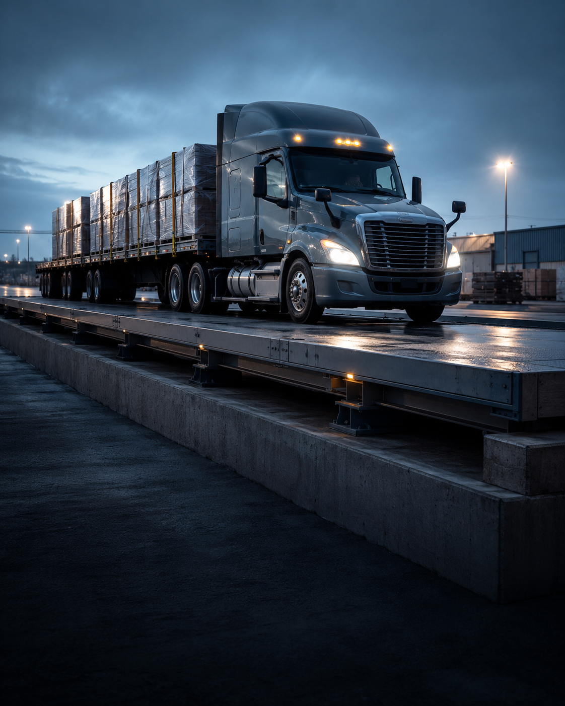 A loaded flatbed semi-trailer truck standing on a concrete truck scale deck in a freight yard at dusk