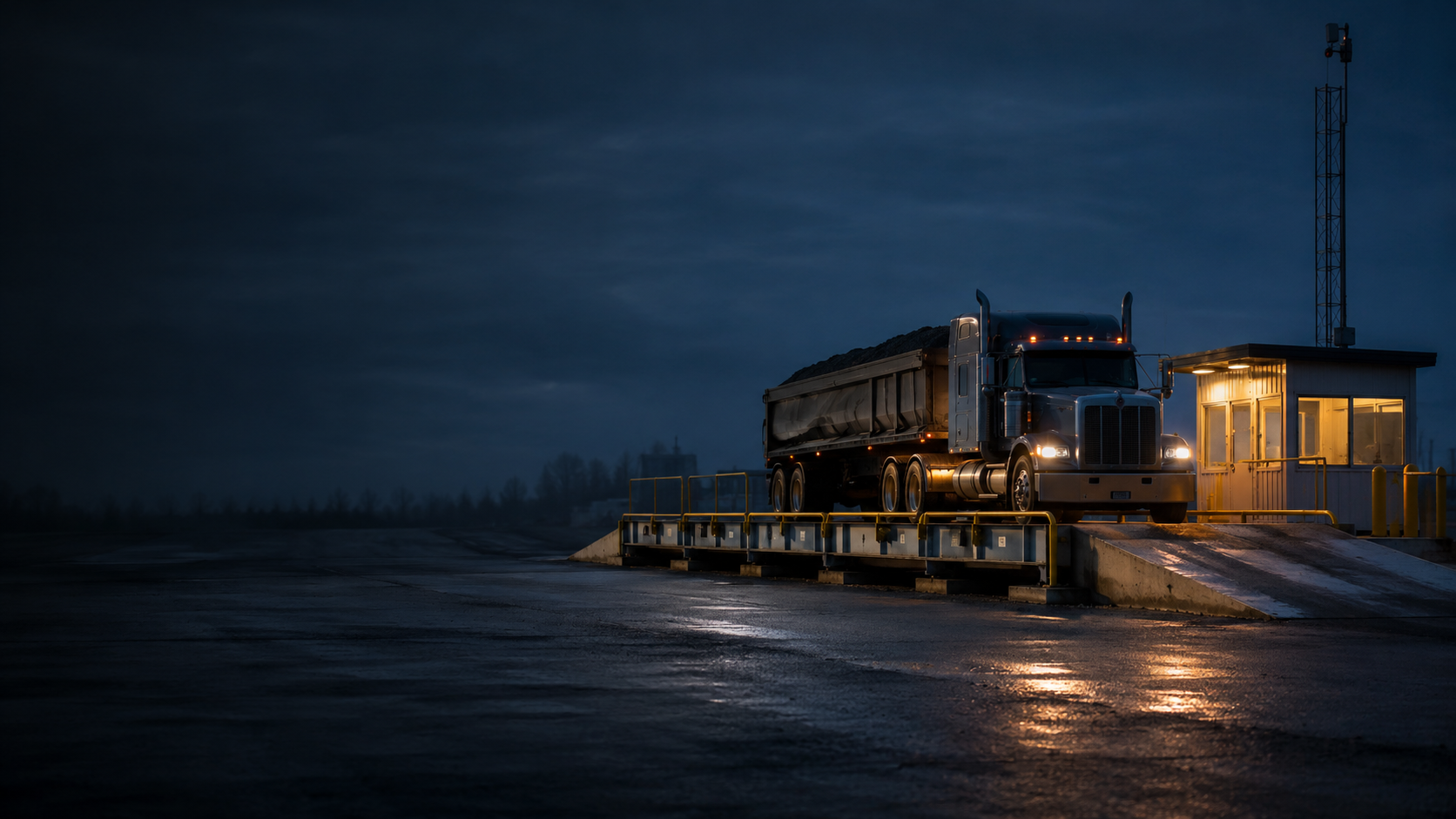 A dump truck on a truck scale beside a lit scale house at night, with a radio mast at the edge of the yard